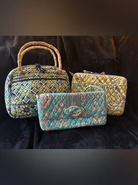Vera Bradley 3 Pc Bundle Handbag + Clutch + Tablet/iPad Case Teal Green Like New